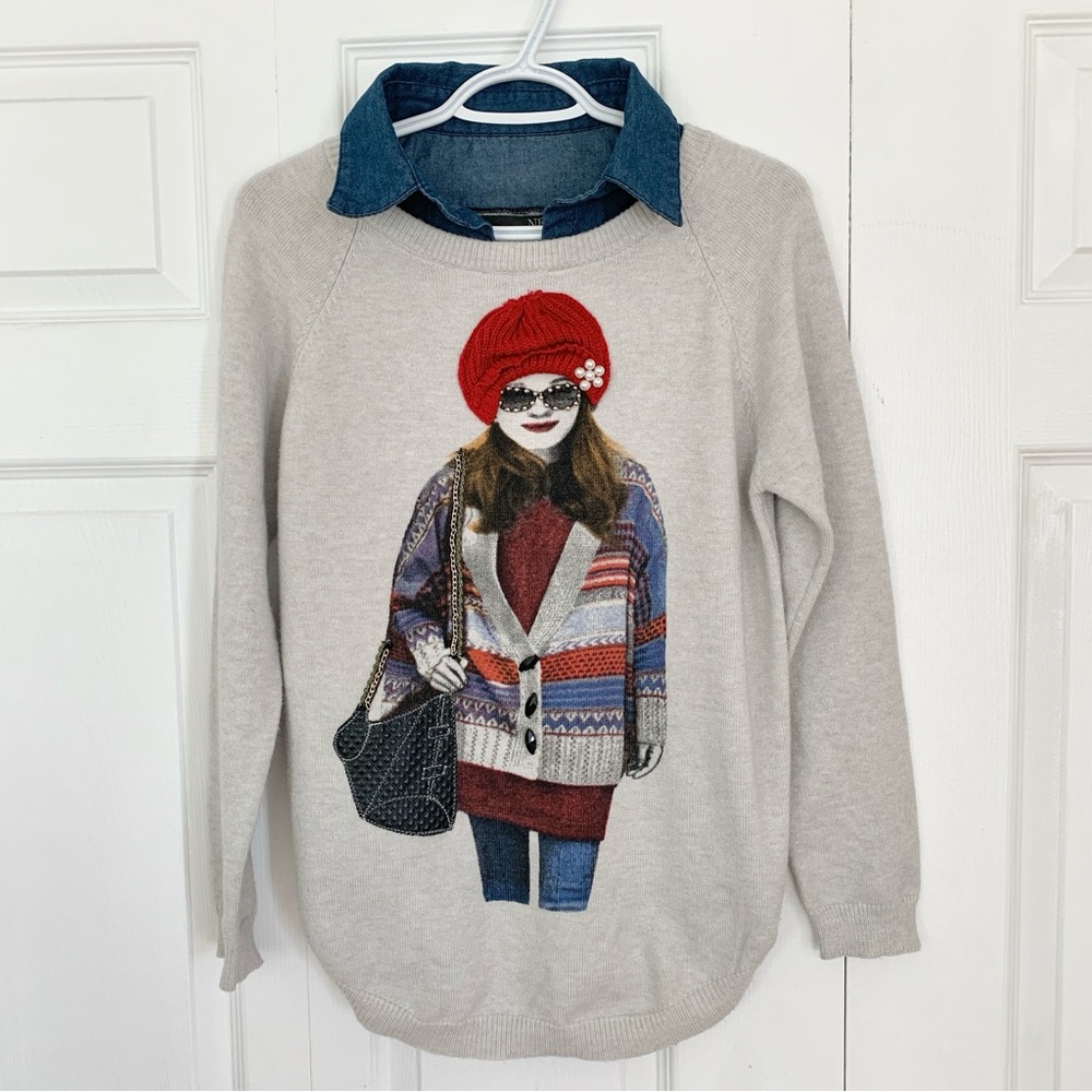 NESS Groovy Light Gray Sweater With Pop Out Details Women’s Size Large